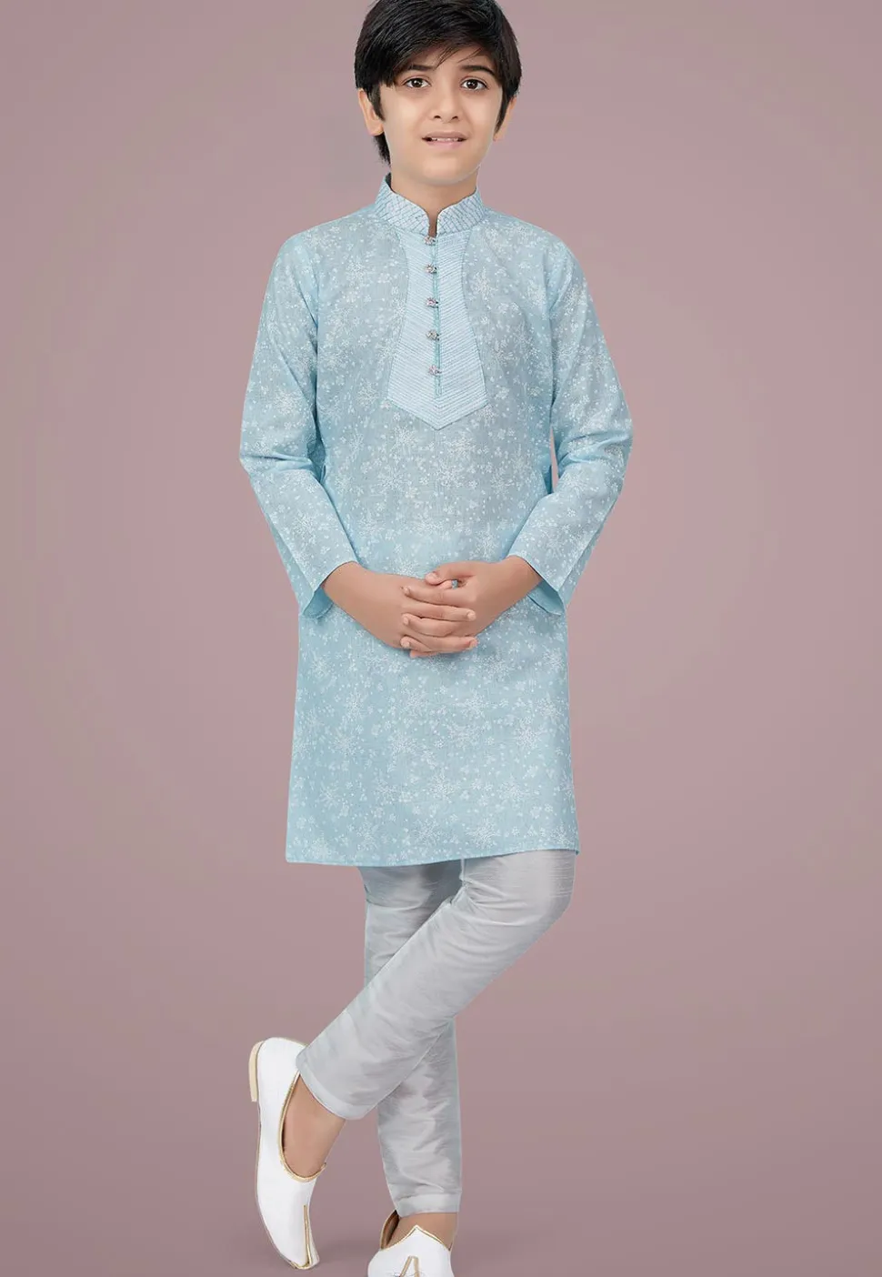 Printed Cotton Silk Kurta Set in Light Sky Blue