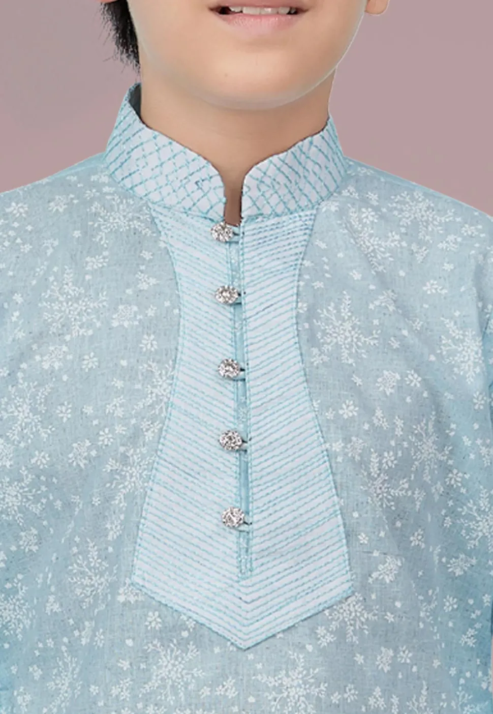 Printed Cotton Silk Kurta Set in Light Sky Blue