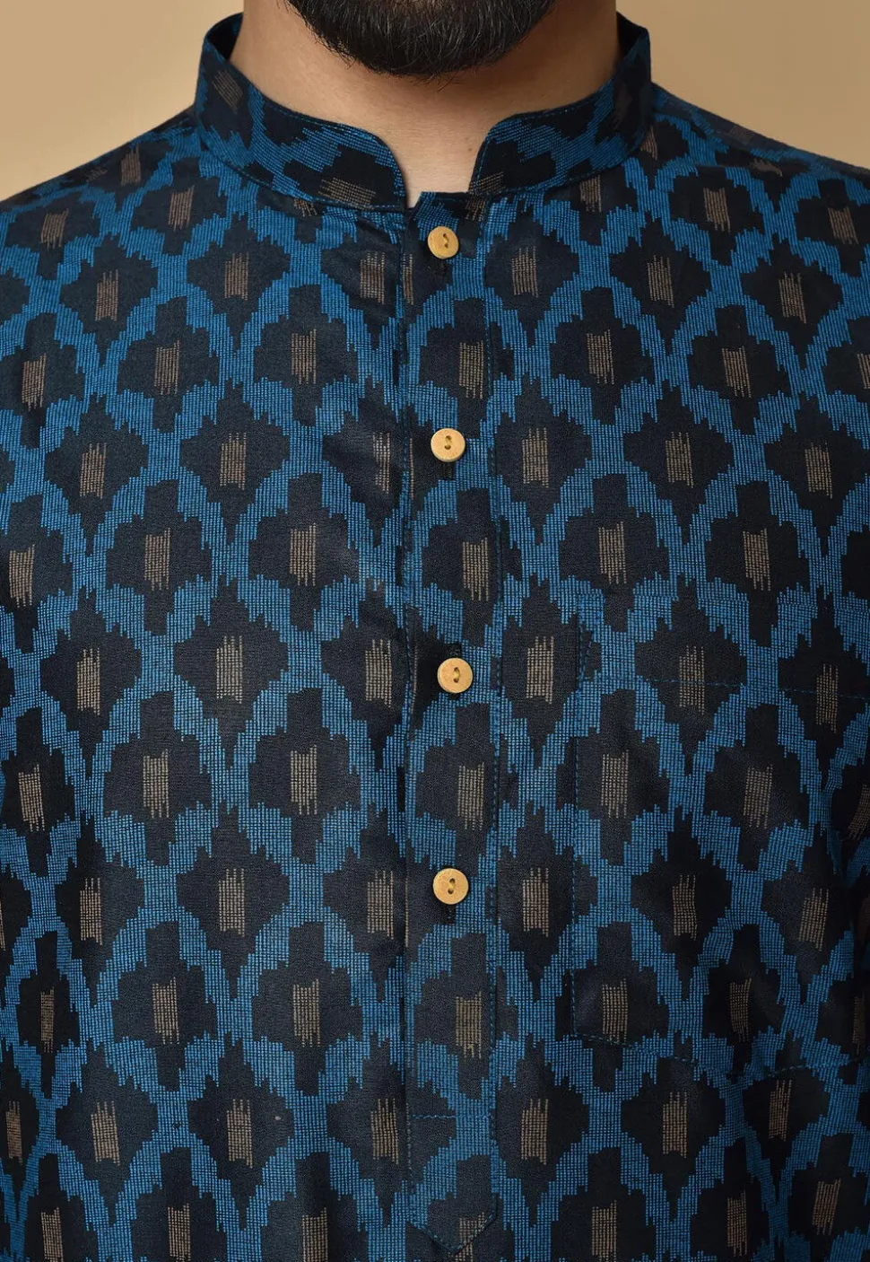 Printed Cotton Silk Kurta Set in Dark Navy Blue