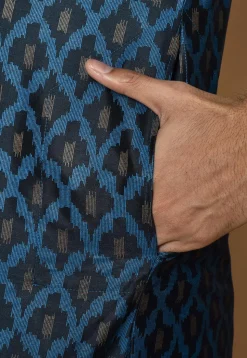 Printed Cotton Silk Kurta Set in Dark Navy Blue