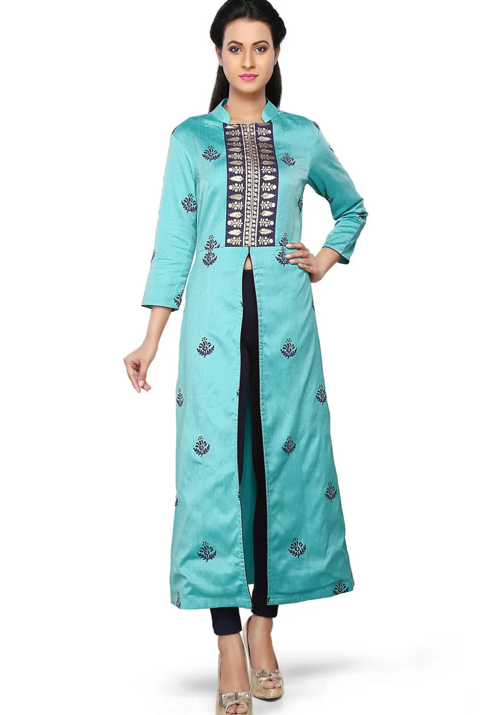 Printed Cotton Silk Kurta in Turquoise