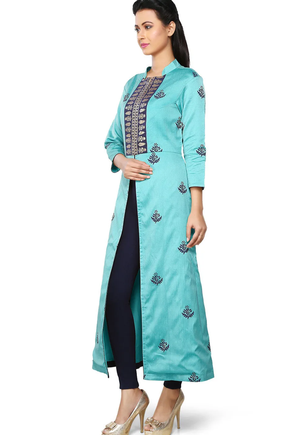 Printed Cotton Silk Kurta in Turquoise
