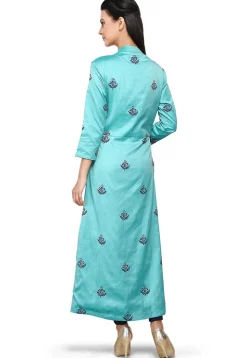 Printed Cotton Silk Kurta in Turquoise