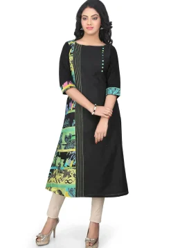 Printed Cotton Silk Long Kurta in Black