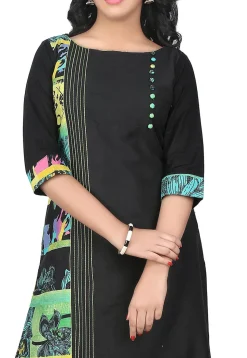 Printed Cotton Silk Long Kurta in Black