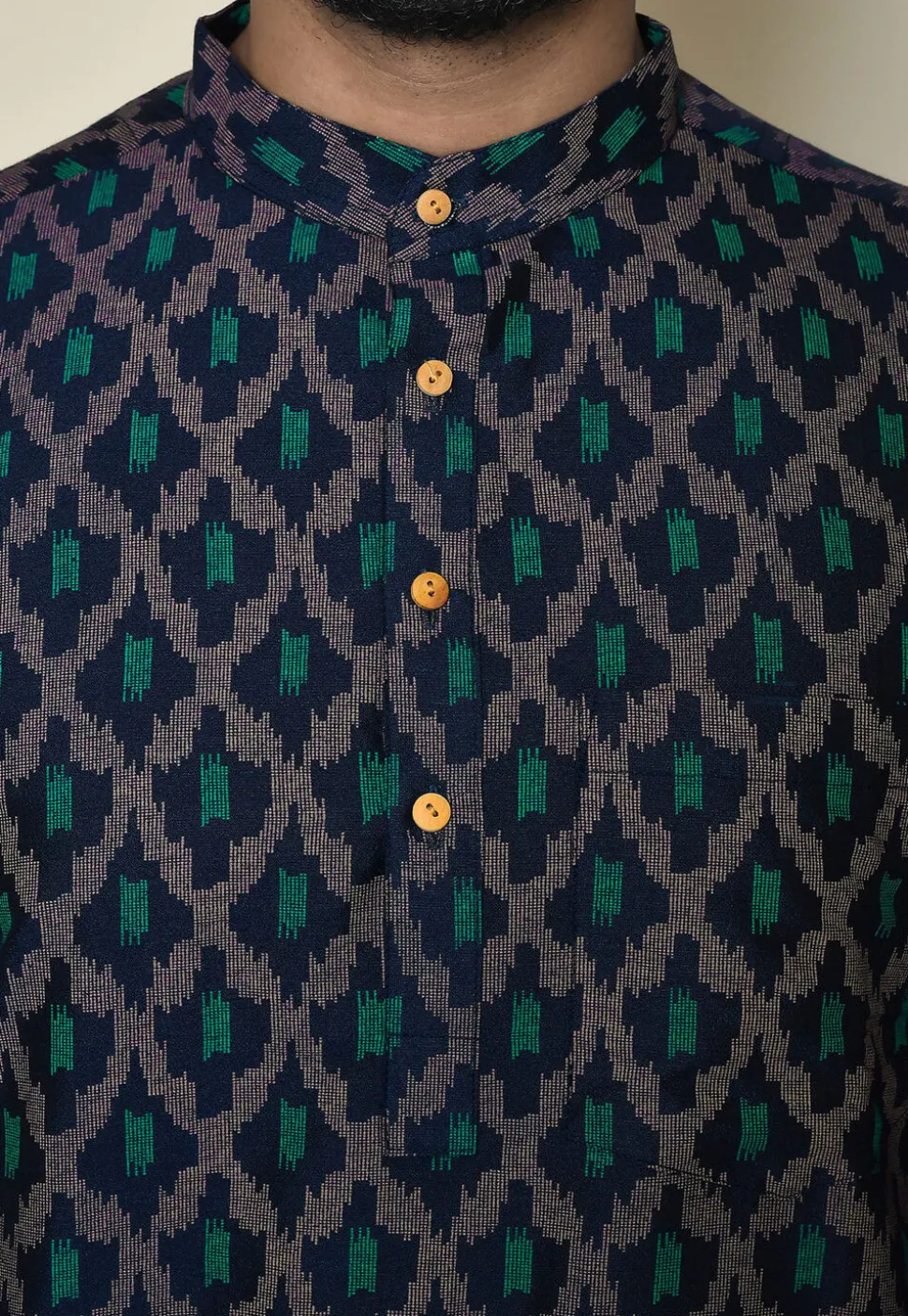 Printed Cotton Silk Short Kurta in Navy Blue
