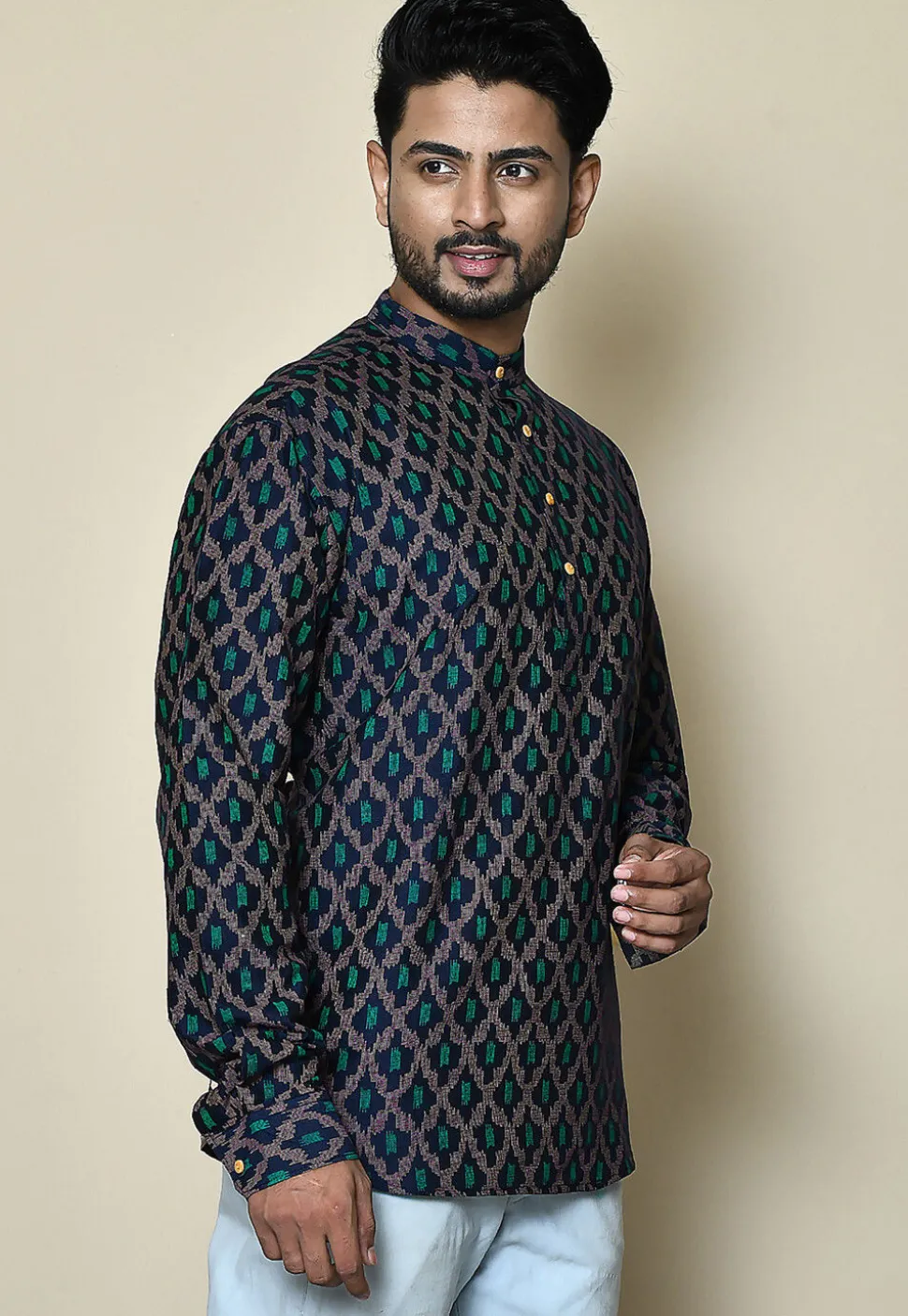 Printed Cotton Silk Short Kurta in Navy Blue