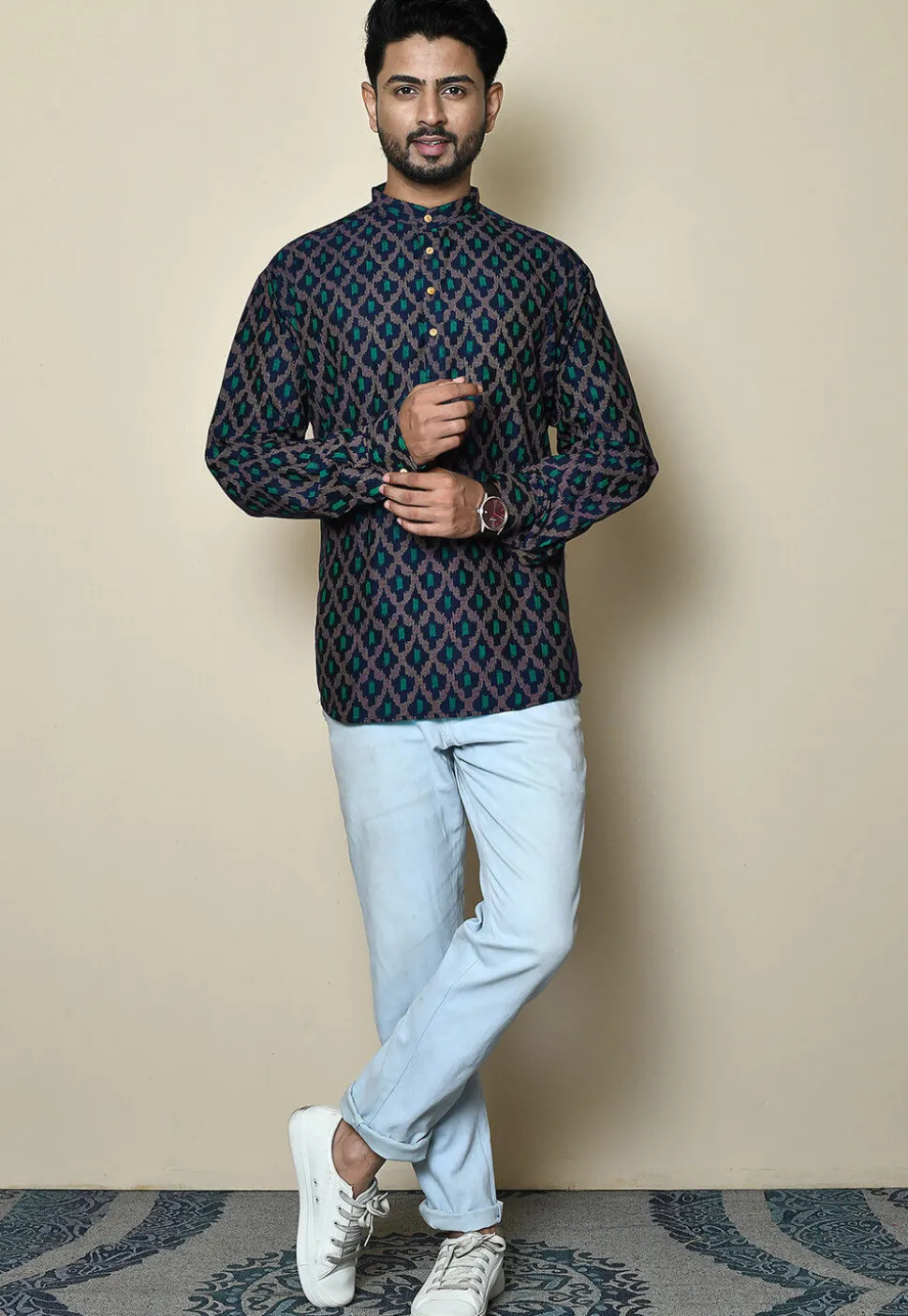Printed Cotton Silk Short Kurta in Navy Blue