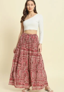 Printed Cotton Skirt in Maroon