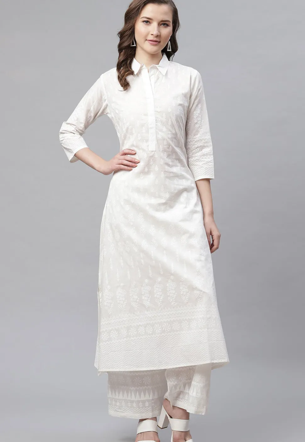 Printed Cotton Straight Kurta Set in White