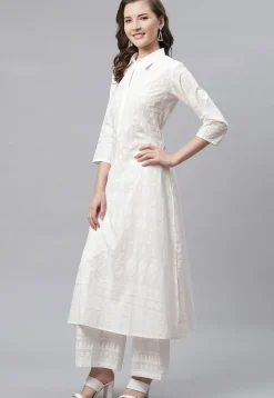 Printed Cotton Straight Kurta Set in White