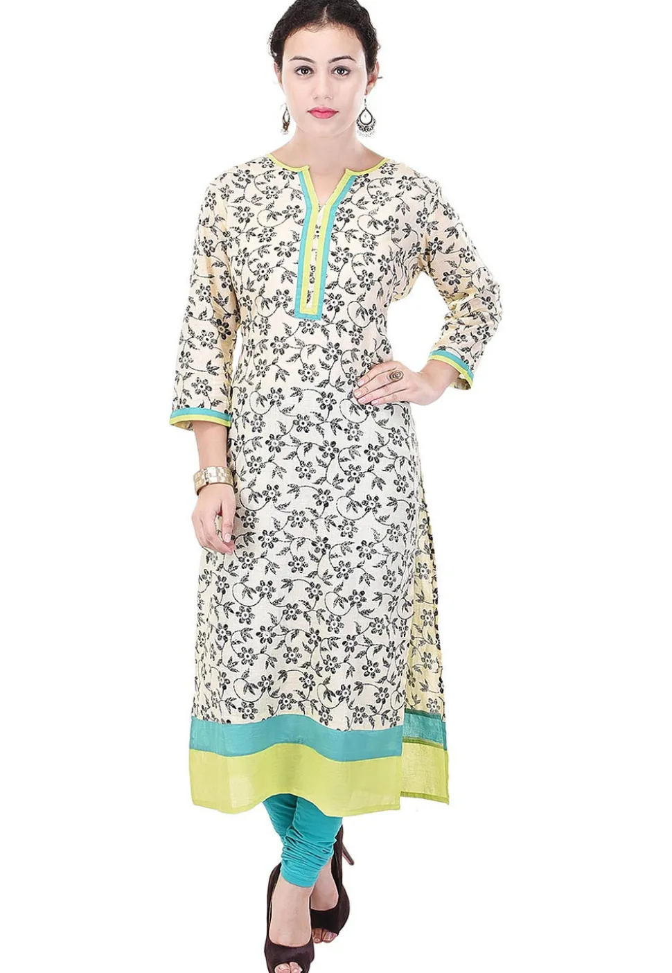 Printed Cotton Straight Kurta in Light Beige