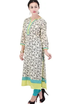 Printed Cotton Straight Kurta in Light Beige