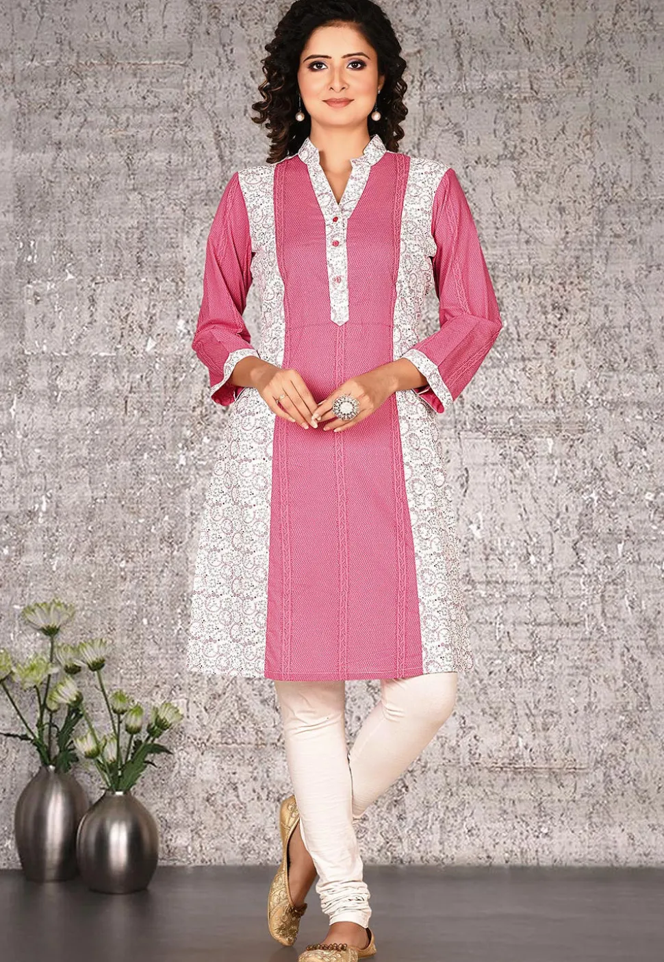 Printed Cotton Straight Kurta in Pink and White