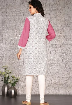 Printed Cotton Straight Kurta in Pink and White