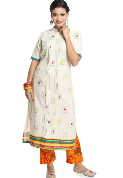 Printed Cotton Straight Kurta in White