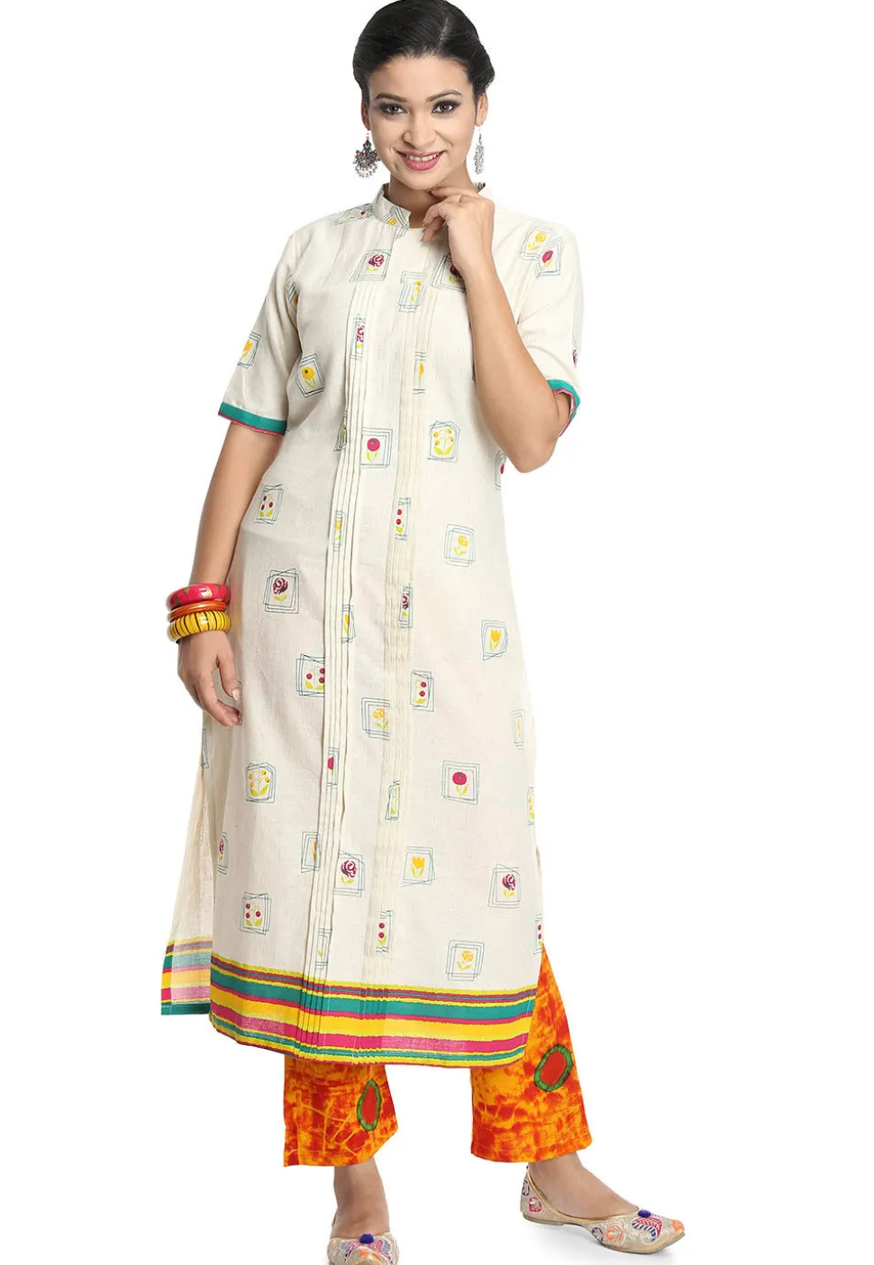 Printed Cotton Straight Kurta in White