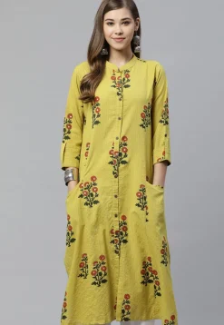 Printed Cotton Straight Kurta in Olive Green