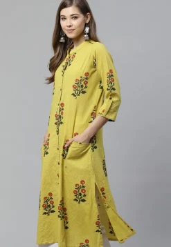Printed Cotton Straight Kurta in Olive Green