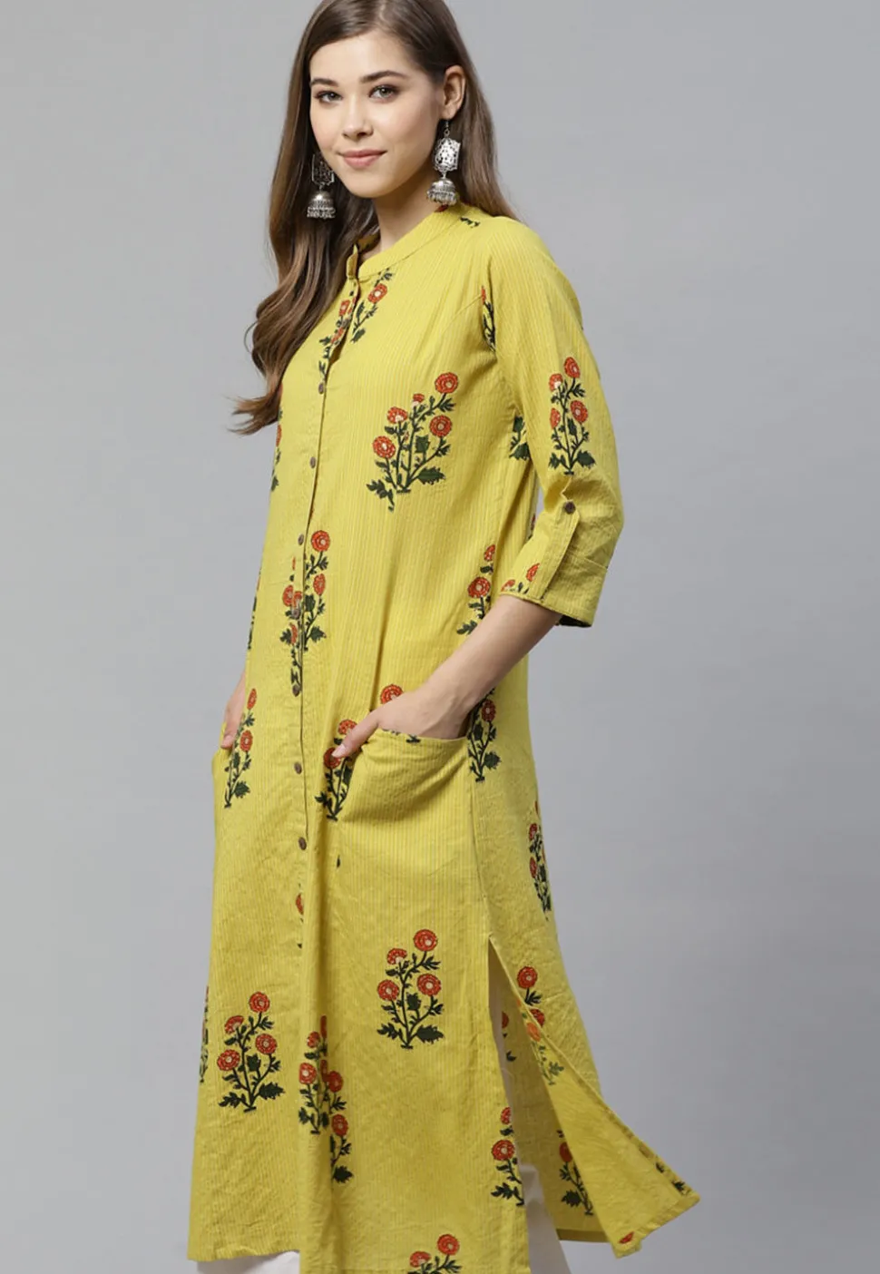 Printed Cotton Straight Kurta in Olive Green