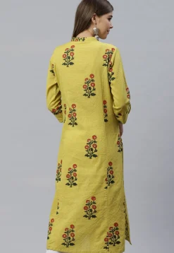 Printed Cotton Straight Kurta in Olive Green