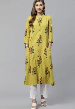 Printed Cotton Straight Kurta in Olive Green