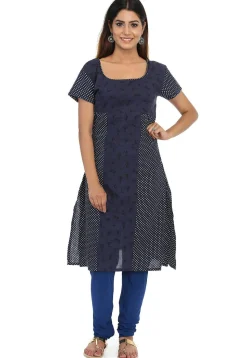 Printed Cotton Straight Kurta in Navy Blue