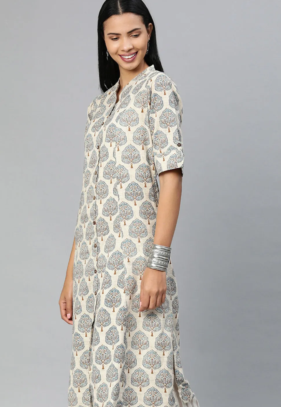 Printed Cotton Straight Kurta in Off White