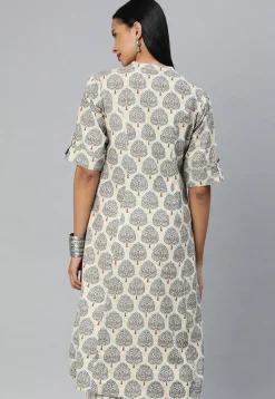 Printed Cotton Straight Kurta in Off White