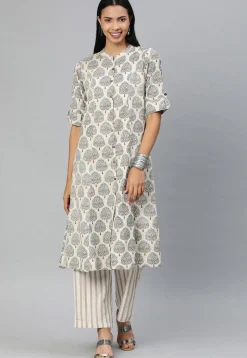 Printed Cotton Straight Kurta in Off White