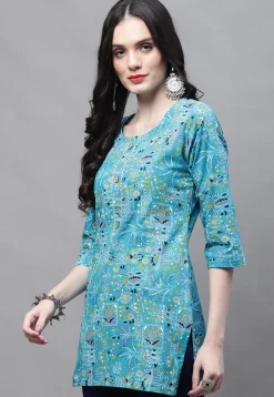 Printed Cotton Straight Kurti in Blue