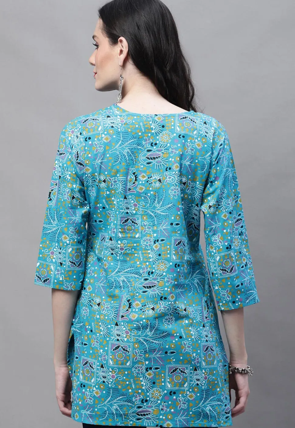Printed Cotton Straight Kurti in Blue