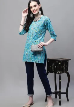 Printed Cotton Straight Kurti in Blue