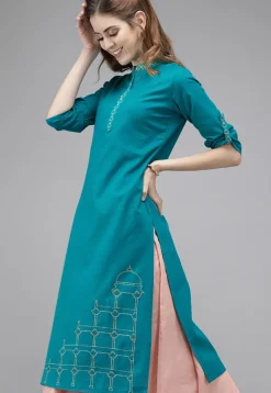 Printed Cotton Straight Kurta in Turquoise