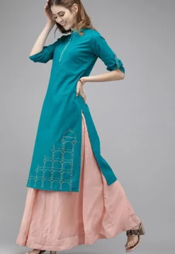 Printed Cotton Straight Kurta in Turquoise