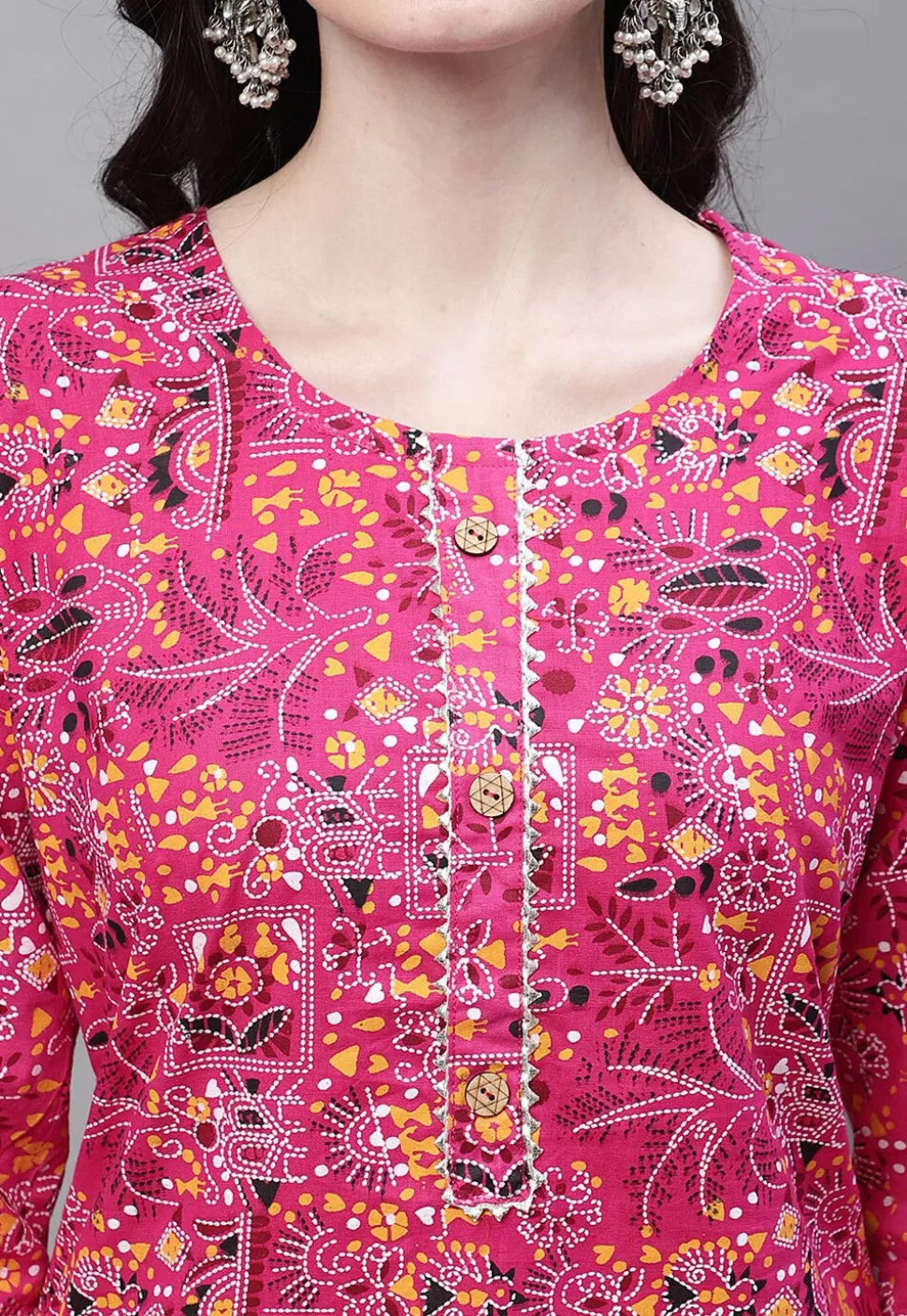 Printed Cotton Straight Kurti in Pink