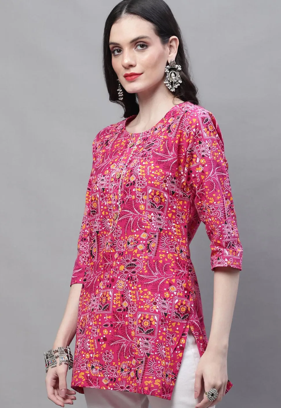 Printed Cotton Straight Kurti in Pink