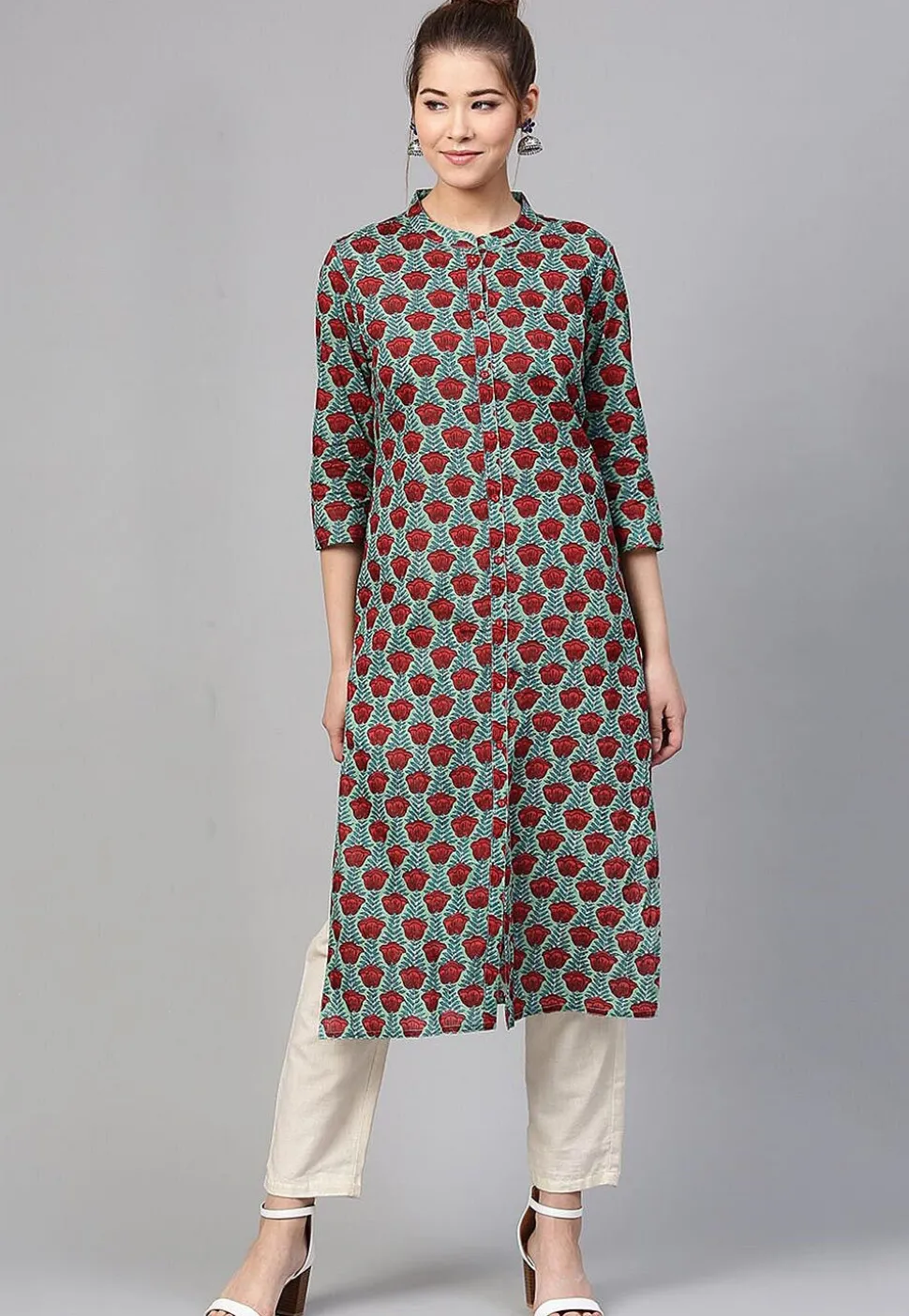 Printed Cotton Straight Kurta in Light Green and Red