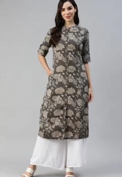 Printed Cotton Straight Kurta in Charcoal Black