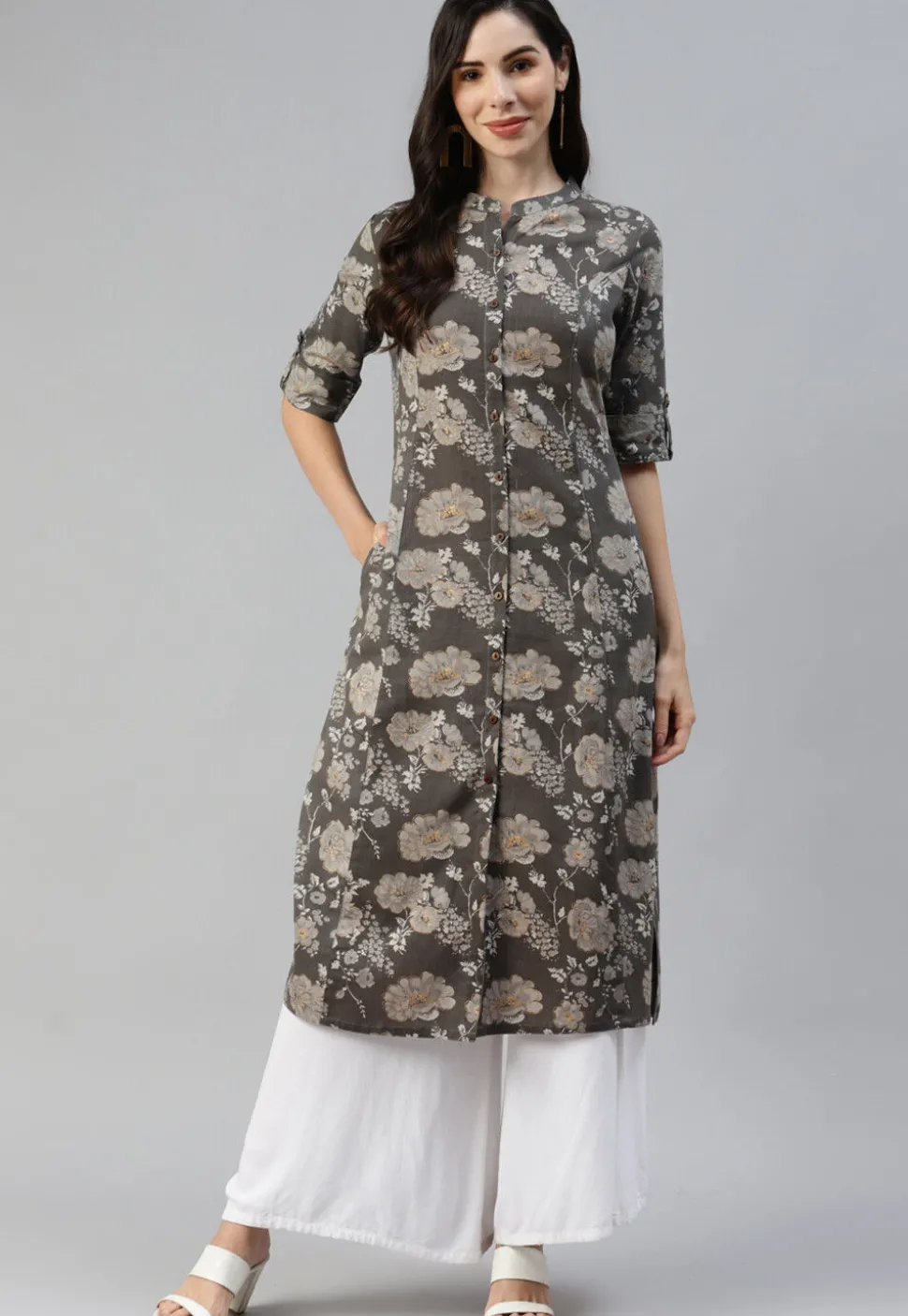 Printed Cotton Straight Kurta in Charcoal Black