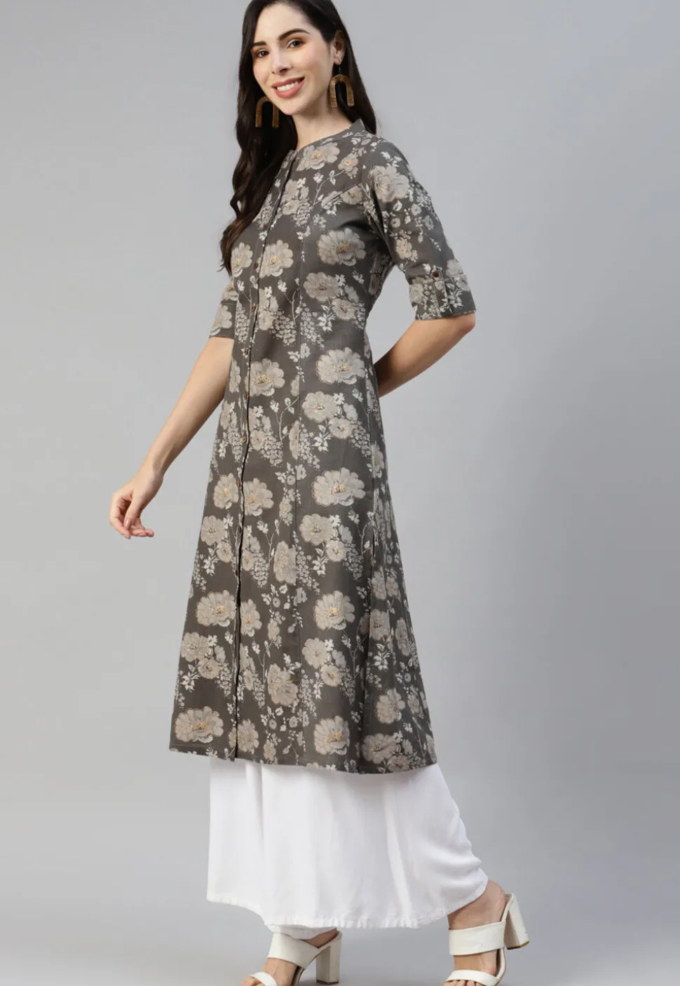 Printed Cotton Straight Kurta in Charcoal Black