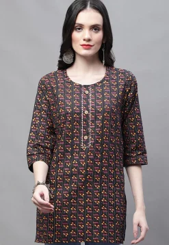 Printed Cotton Straight Kurti in Black