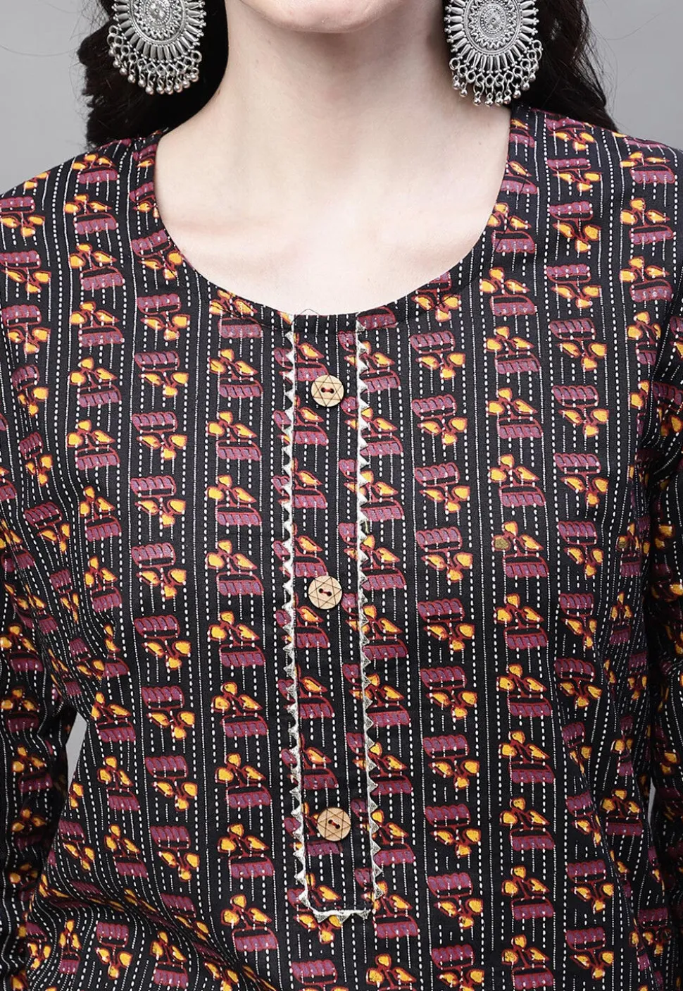 Printed Cotton Straight Kurti in Black