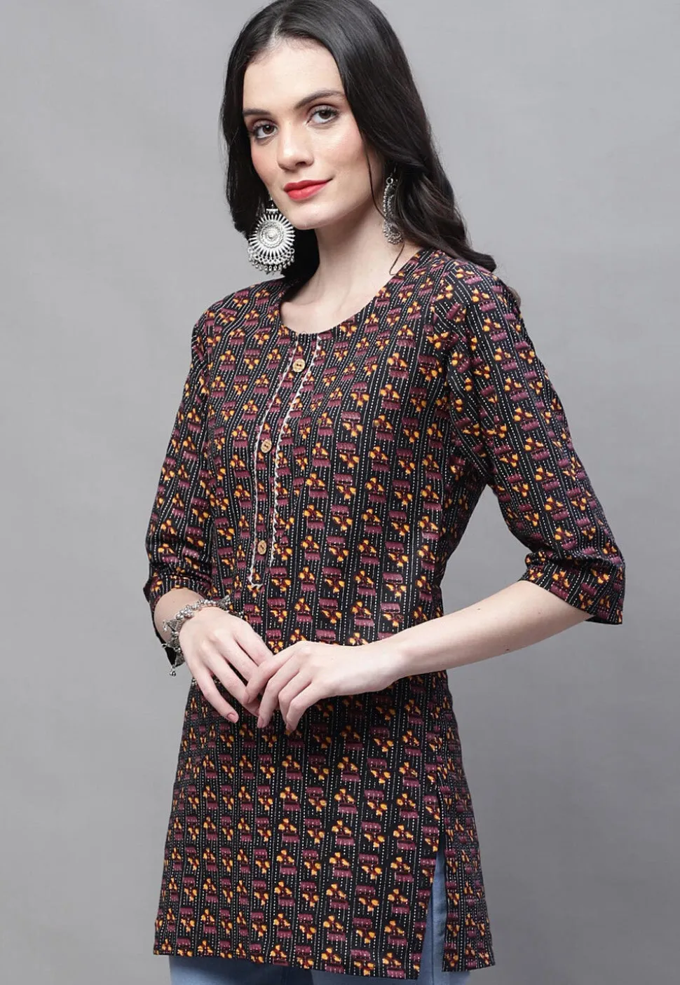 Printed Cotton Straight Kurti in Black