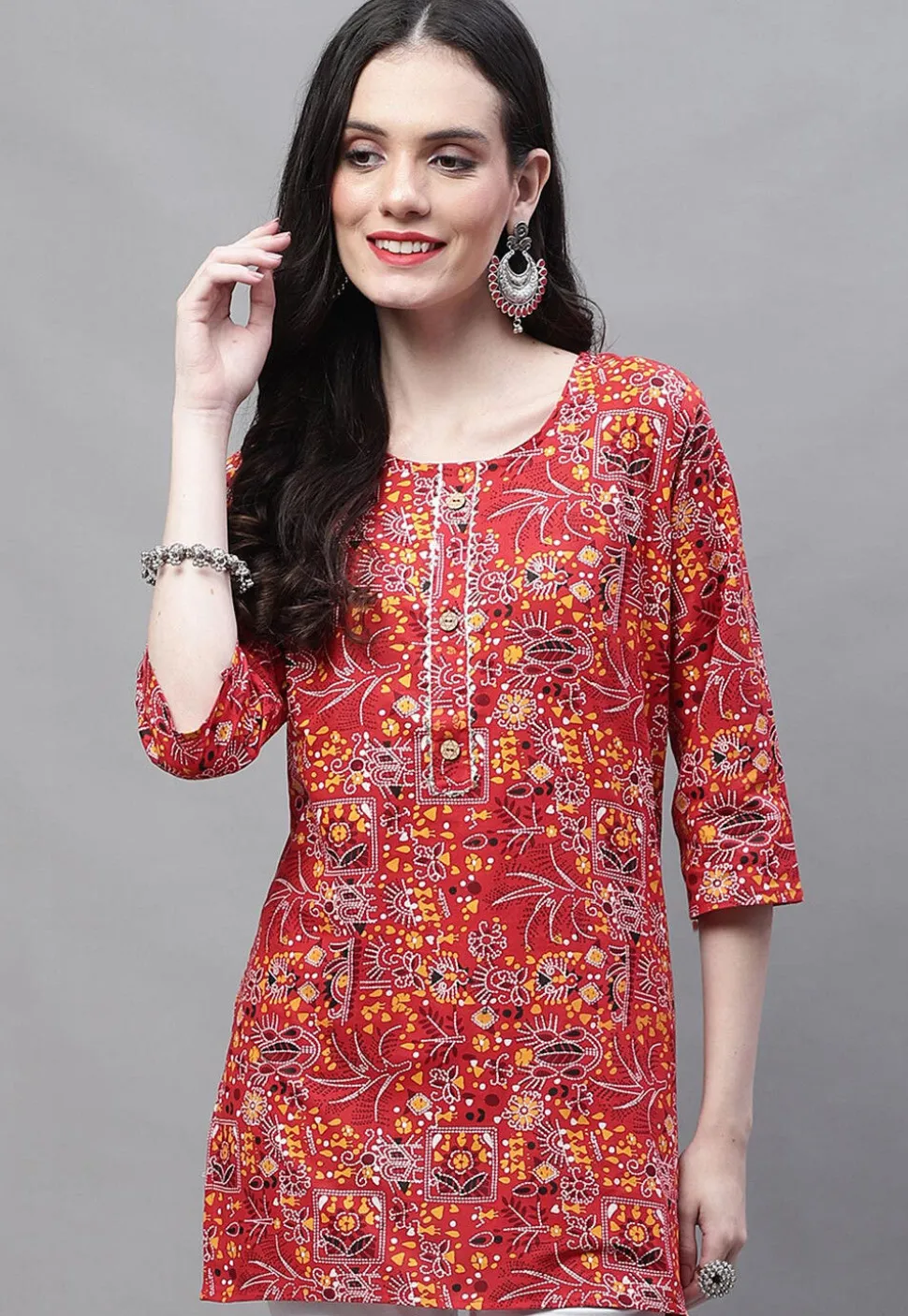 Printed Cotton Straight Kurti in Red