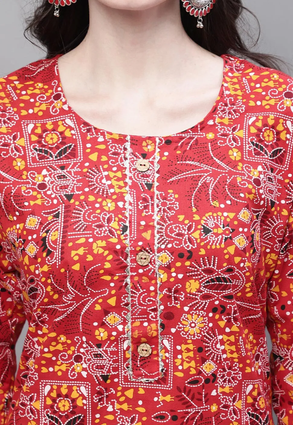 Printed Cotton Straight Kurti in Red