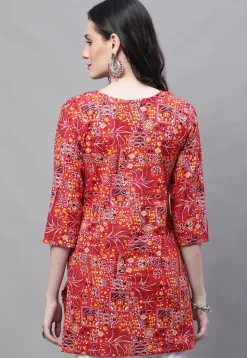Printed Cotton Straight Kurti in Red