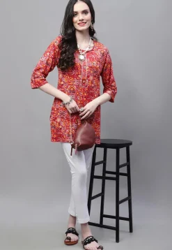 Printed Cotton Straight Kurti in Red