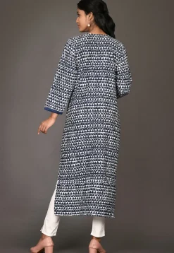 Printed Cotton Straight Kurta in Navy Blue and Blue