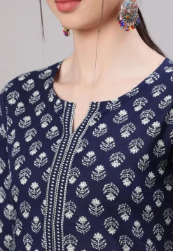 Printed Cotton Straight Kurti in Navy Blue